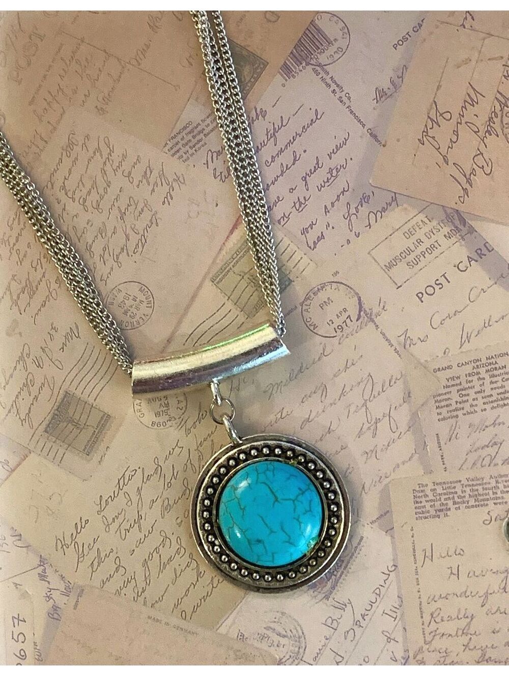 Vintage Untested Turquoise Pendant Silver Chain Necklace with Charm Jewelry
